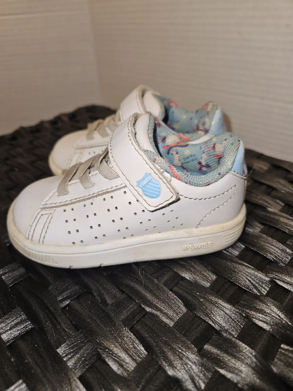 K-Swiss White Kids Velcro Sneakers with Light Blue Shield